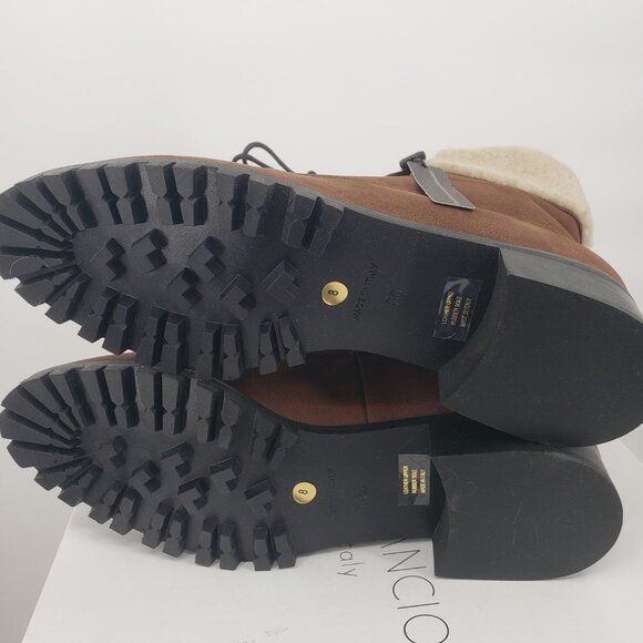 Brown Lace Up Ankle Boots Shearling Cuff Lug Sole Combat Booties - Picture 7 of 9